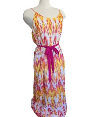Mitto Maxi Dress Size Large Summer Flowy Open Back Dress Yellow & Pink Print